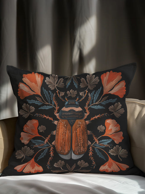 Luxury black pillowcase featuring a detailed scarab beetle with vibrant coral-orange wings and navy thorax, surrounded by symmetrical coral flowers and teal leaves. The intricate entomology illustration shows fine linework with scientific precision against a deep black background.